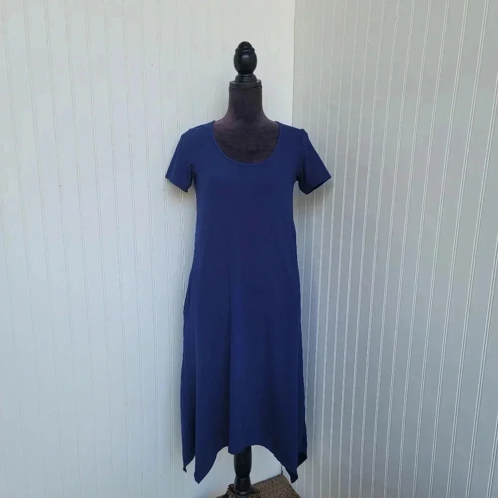 Cuddl Duds Flexwear Navy Blue Dress Keyhole Back Asymmetrical Hem Soft Cozy XS